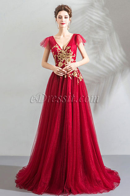 Robe de Soirée Rouge Avec Broderies Or Col en V