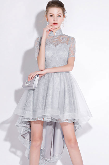 Grey High Neck Lace Applique Tulle Party Cocktail Dress