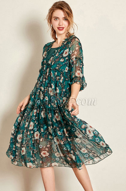 V-cut Silk Chiffon Summer Dress Day Dress