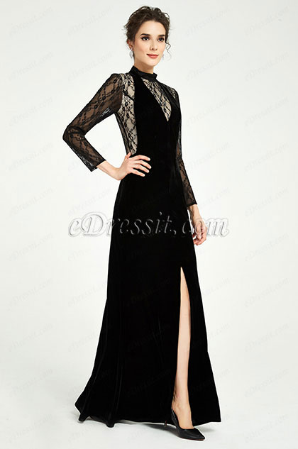 Black High Neck Lace Sleeves Slit Party Dress