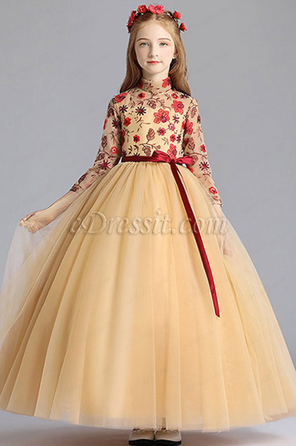 Robe de Filles Jaune Avec Boderie Fait A La Main