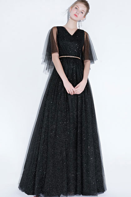 Sexy Black  V-Cut Sequins Tulle Party Prom Gown