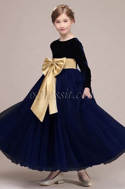 Bowknot Long Velvet Wedding Flower Girl Dress