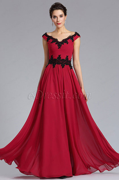 Robe de Soirée Longues Rouge avec Dentelles Noires