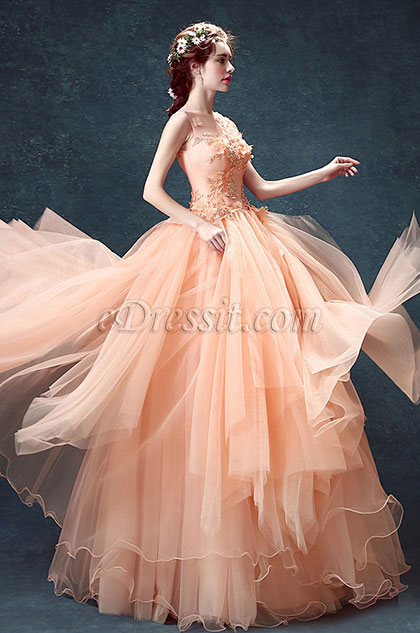 Robe de Bal Orange En Tulle Avec Boderie