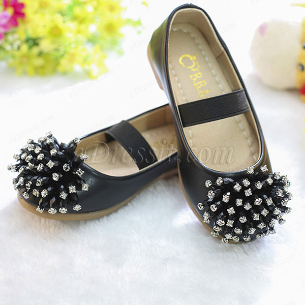 Black Girl's Round Toe Leather Flat Flower Girl Shoes