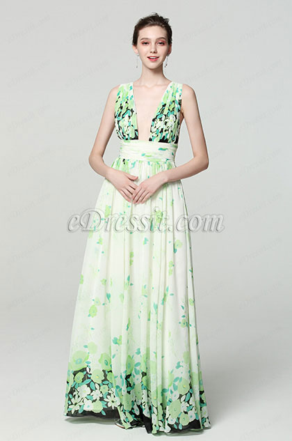 Vestido de baile floral con estampado de V-Cut verde