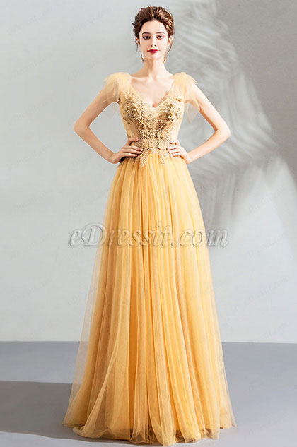 Sexy V-Cut Cap Sleeves Tulle Party Evening Dress