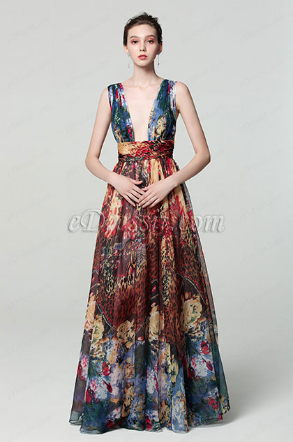 Strap Plunging V-Cut  Print Floral Ball Gown Dress