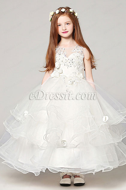 White Wedding Flower Girl Stage Show Dress