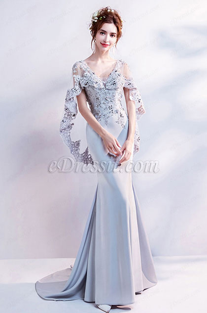 Grey Embroidery Cape V-Cut Party Evening Dress