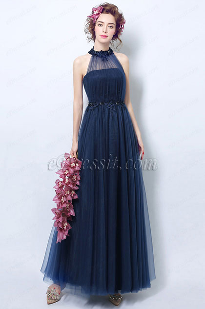 Navy Blue Pleated Halter Formal Evening Dress