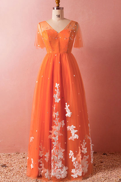 Orange Short Sleeves Tulle Evening Dress Prom Dress