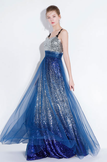 Blue Straps Sequins Long Party Formal Dress