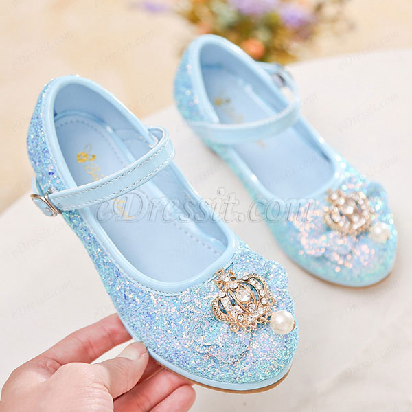 Girl's Crown Sequin Round Toe Leather Flat Heel Flower Girl Shoes