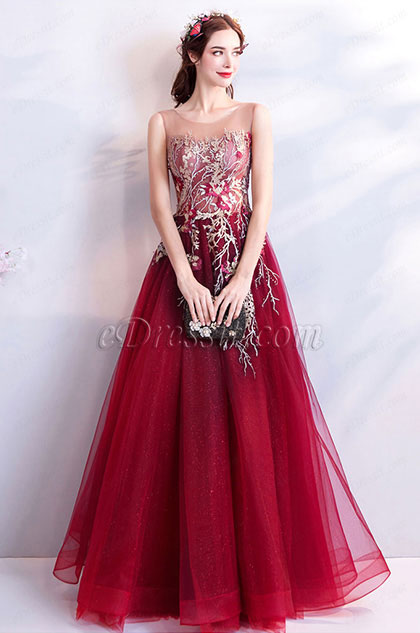 Burgundy Embroidery Sleeveless Prom Party Dress