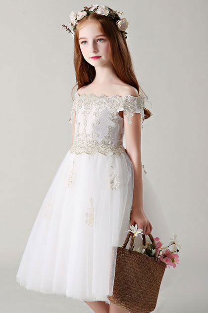 Off Shoulder Lace Wedding Flower Girl Dress