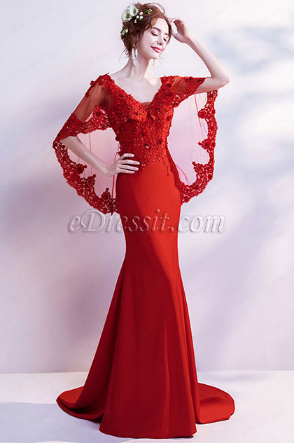 Red Embroidery Cape V-Cut Party Evening Dress