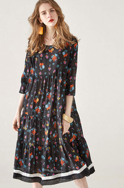 Round Neck Silk Summer Dress Printed Dress