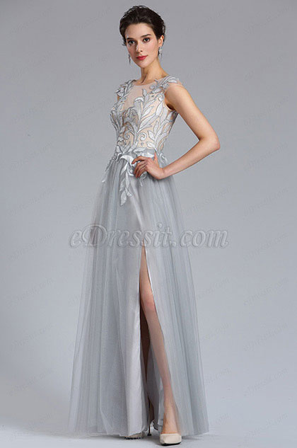 Grey Tulle slit Floral Lace Evening Gown