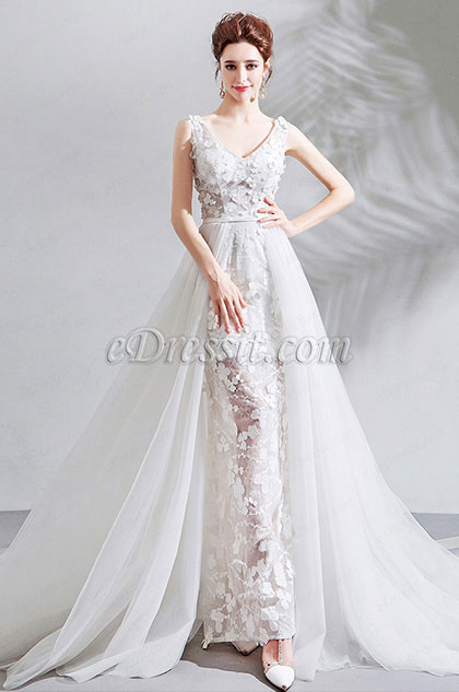 Sexy V-Cut Lace Tulle Long Formal Wedding Bridal Dress