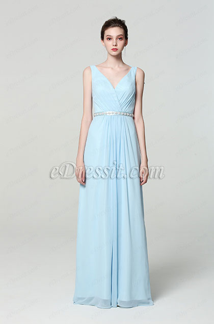 V Cut Fresh Blue Bridesmaid Вечернее платье