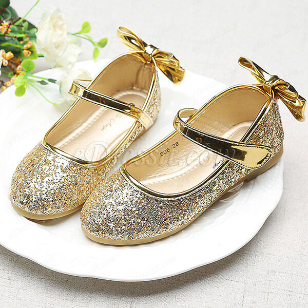 Girl's Round Toe Sequins Flat Flower Dance Shoes