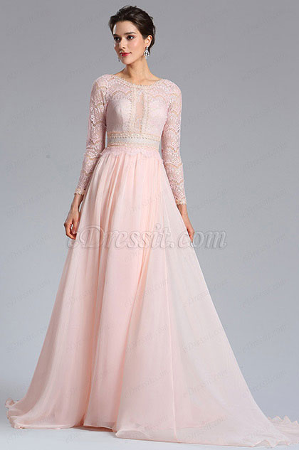 Rosa Spitze Lang Ärmel Prom Abendkleid (02182101) - eDressit