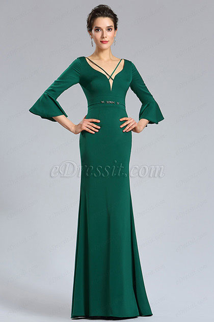 Green V-neck Sleeves Prom women Evening Dress