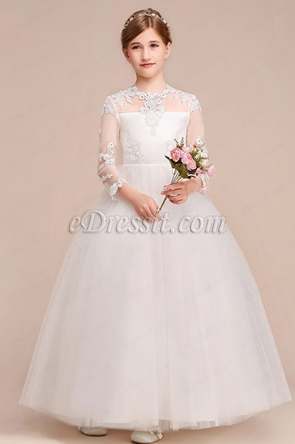 White Long Wedding Flower Girl Party Dress