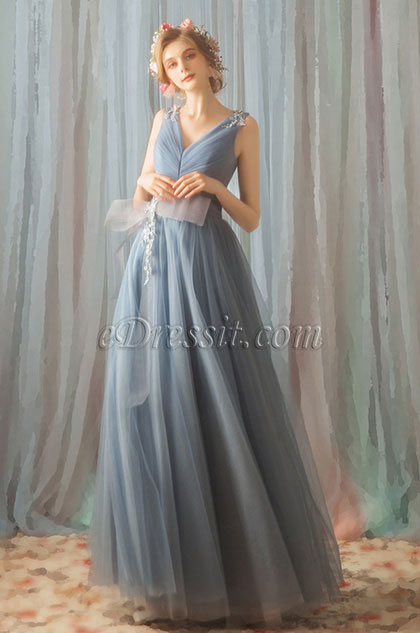 Robe de Soirée Longue En Tulle Bleu Avec V Col