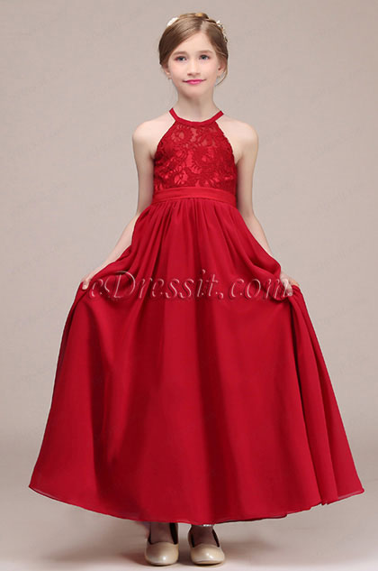 Red Long Halter Flower Girl Stage Dress