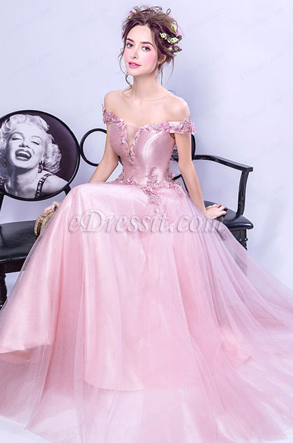 Robe de Soirée Rose Epaules Dénudées Avec Dentelles