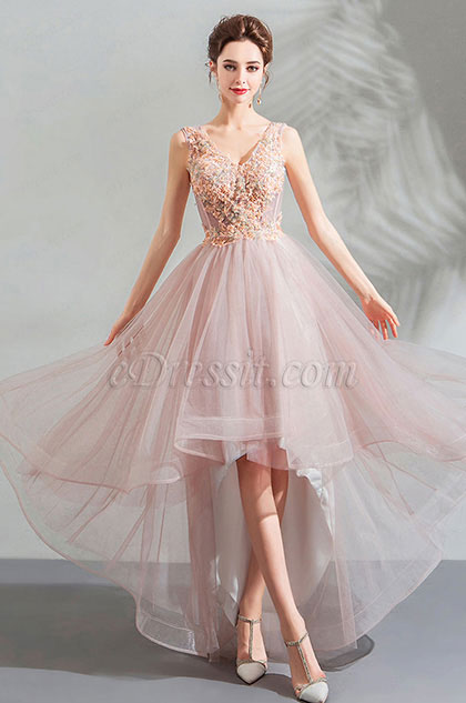 Pink V-Cut Embroidery Long Party Evening Dress