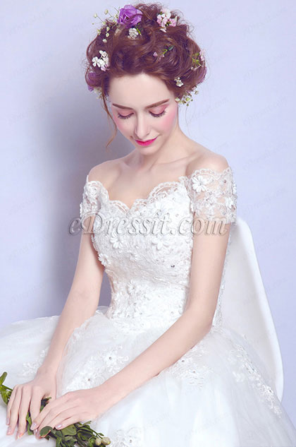 Robe de Mariée En Dentelle Blanc à Manches Courtes