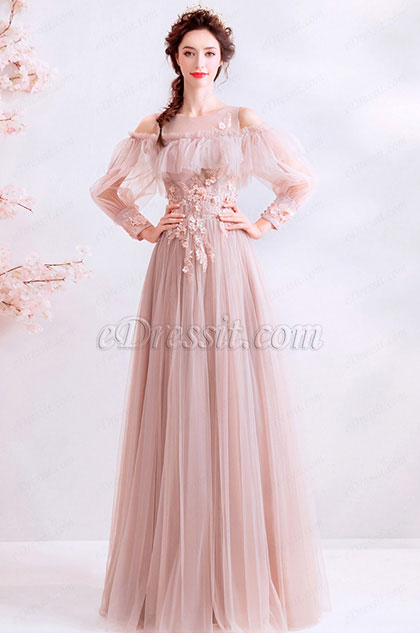 OFF Shoulder Unique Sleeves Ruflle Long Women Dress