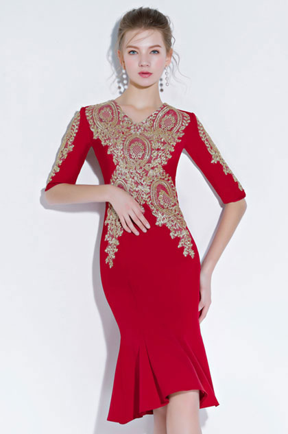 New Red with Gold Embroidery Short Party Dress