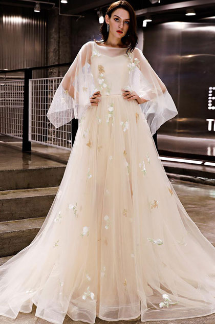 Beige Unique Sleeves Floral Tulle Party  Evening Dress