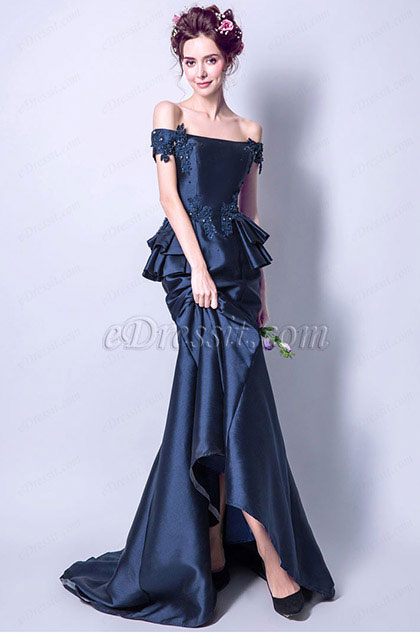 Navy Blue Off Shoulder Mermaid Party Prom Gown