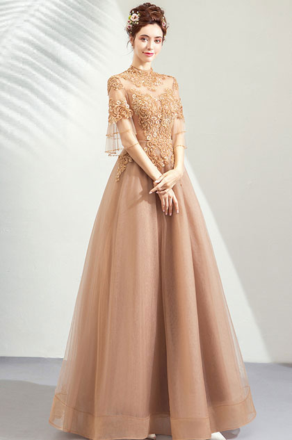 High Neck Sleeves Tulle Elegant Party Ball Gown