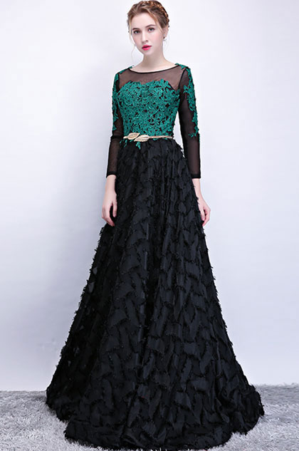 Green Lace Applique Black Ruffle Long Party Dress