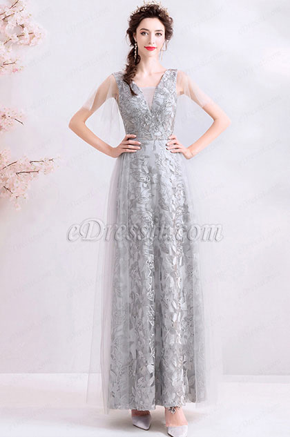 Grey Deep V-Cut Lace Tulle Party Ball Gowwn