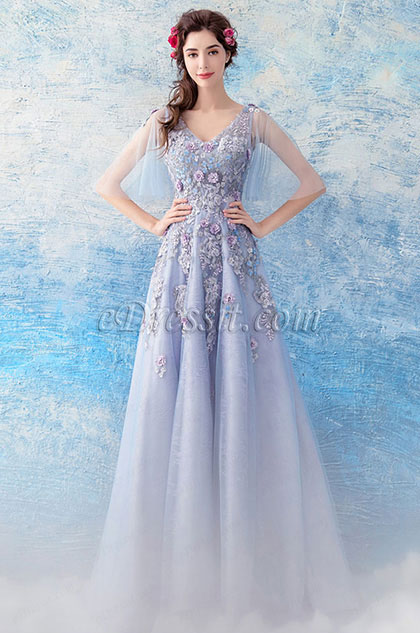 Sexy V-Cut Floral Embroidery Party Prom Gown