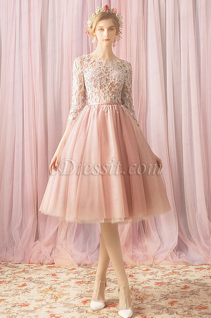 Robe de Cocktail Rose Dentelle et Jupe de Tulle