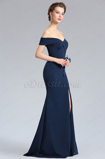 30238 Royal Blue Draped Off-Shoulder Slit Dress main image 1