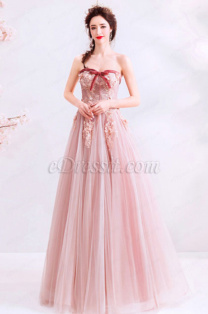 Corset Bowtie Design Embroidery Tulle Ball Prom Dress