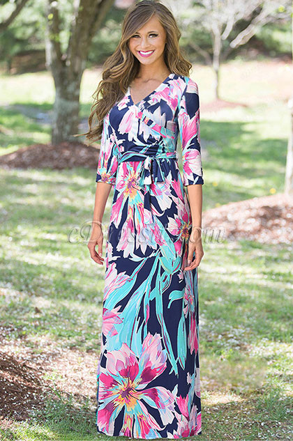 Robe Imprimée Longue Sexy à Col en V