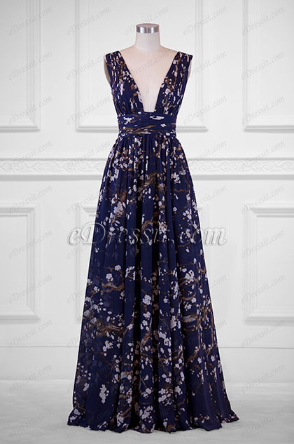 Plunging V-Cut Strap Print Floral Evening Dress