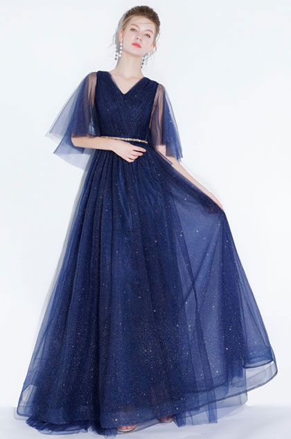 Sexy Navy Blue V-Cut Sequins Tulle Party Prom Gown