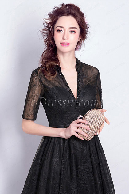 Black Deep V-Cut Half Sleeves Party Women Dress